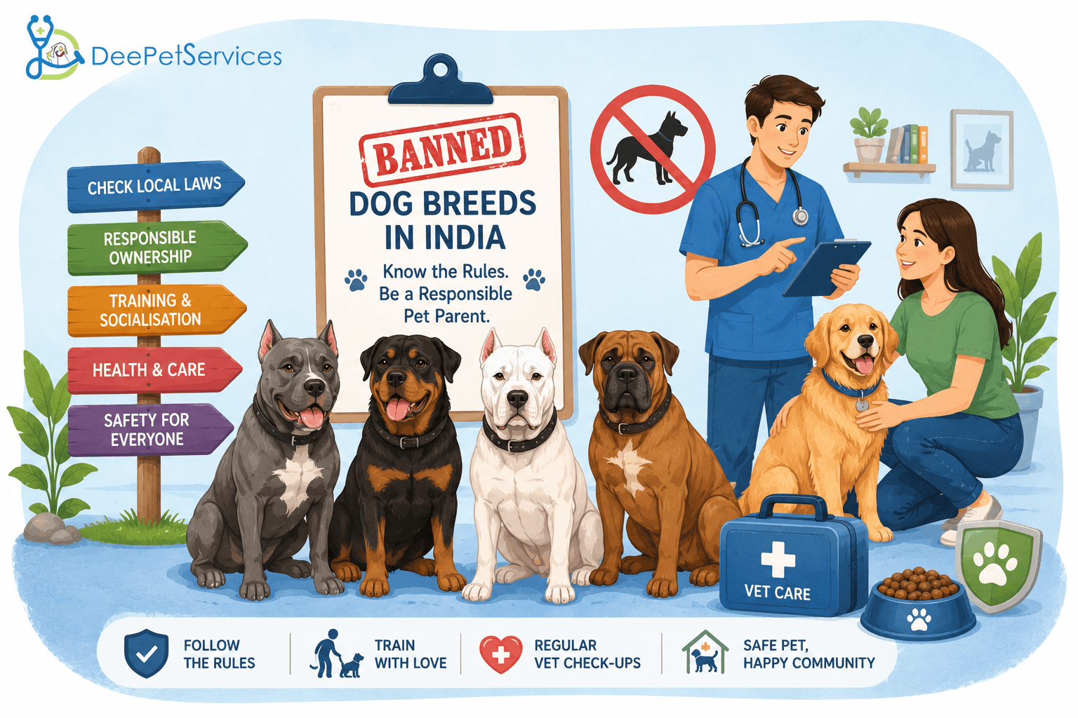 Guide to banned dog breeds in India with veterinary doctor advice, responsible ownership, pet care, and training tips