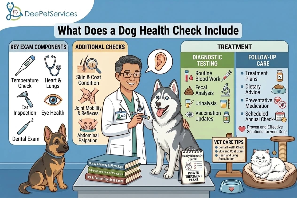 Infographic titled "What Does a Dog Health Check Include" showing a vet examining a Husky.