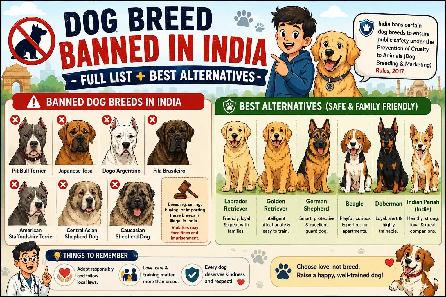 Animated infographic showing dog breeds banned in India and family-friendly alternative breeds.