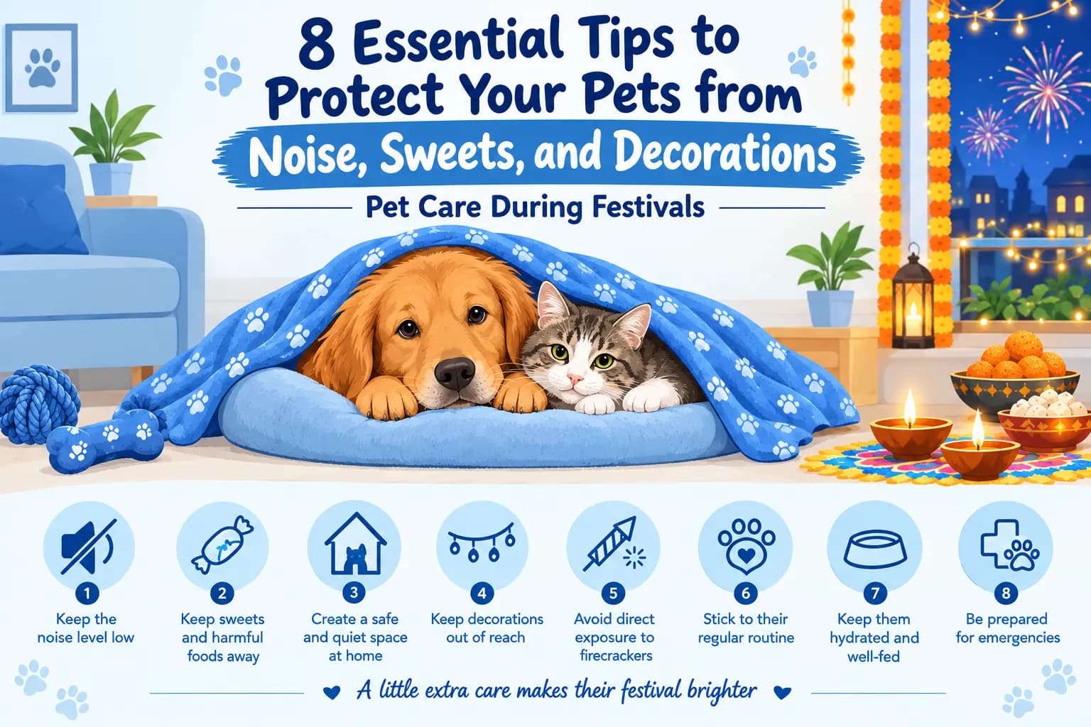 2D illustration of a dog and cat with 8 essential pet care tips for protecting pets from festival noise, sweets, and decorations.