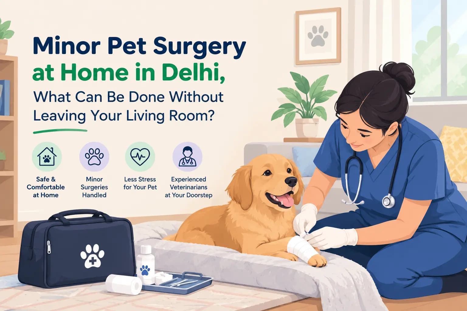 Minor pet surgery at home in Delhi with a veterinarian caring for a dog.