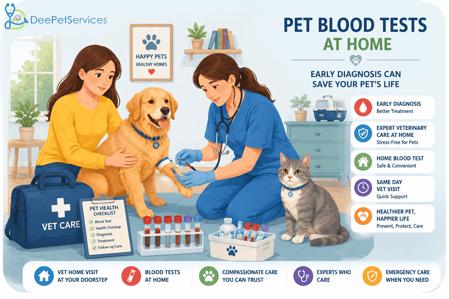 Veterinary doctor performing a pet blood test at home with professional pet care services and stress-free vet home visit