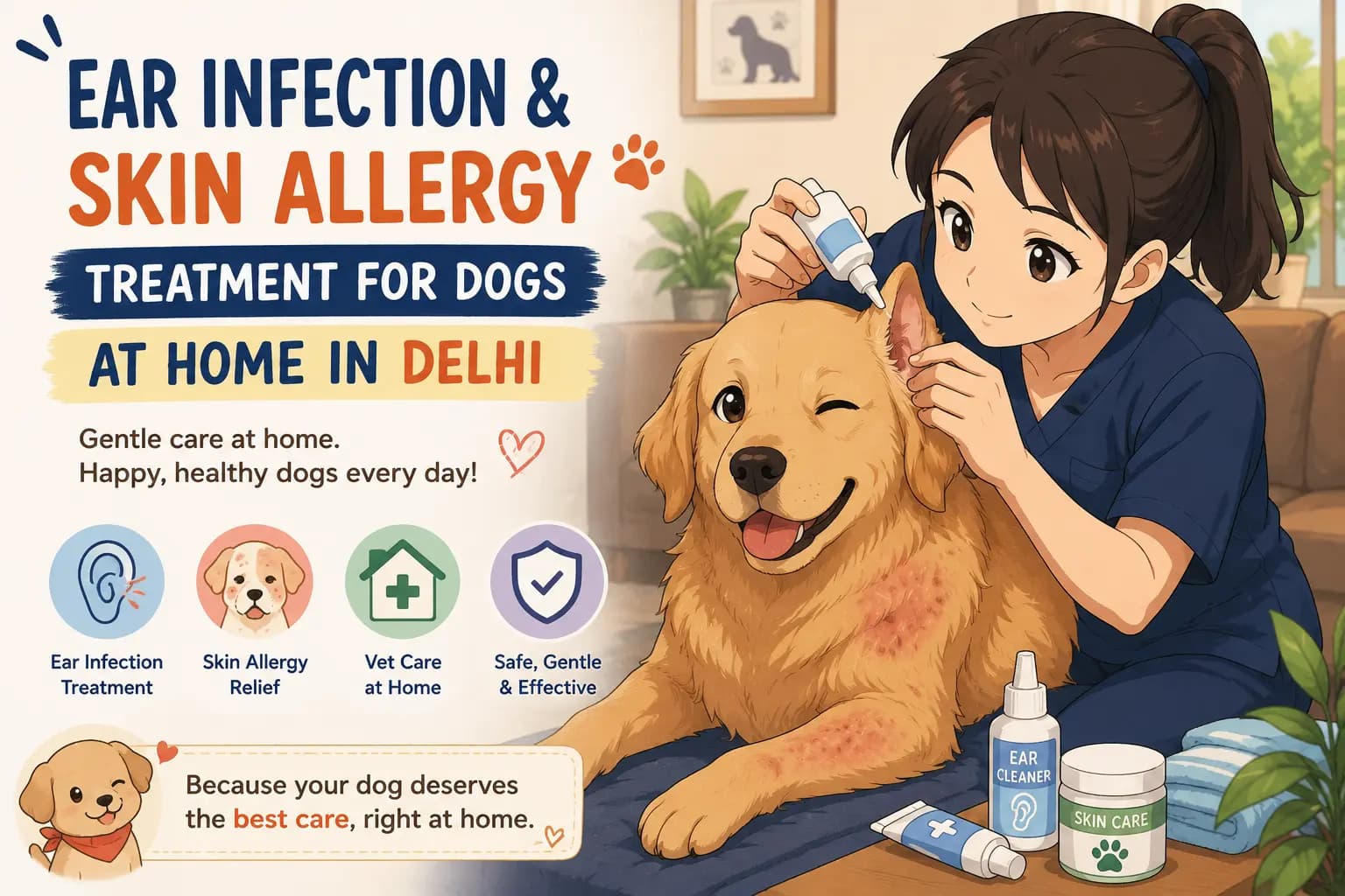 Illustrated dog receiving ear infection and skin allergy treatment at home in Delhi with a caring pet owner and veterinary care items.