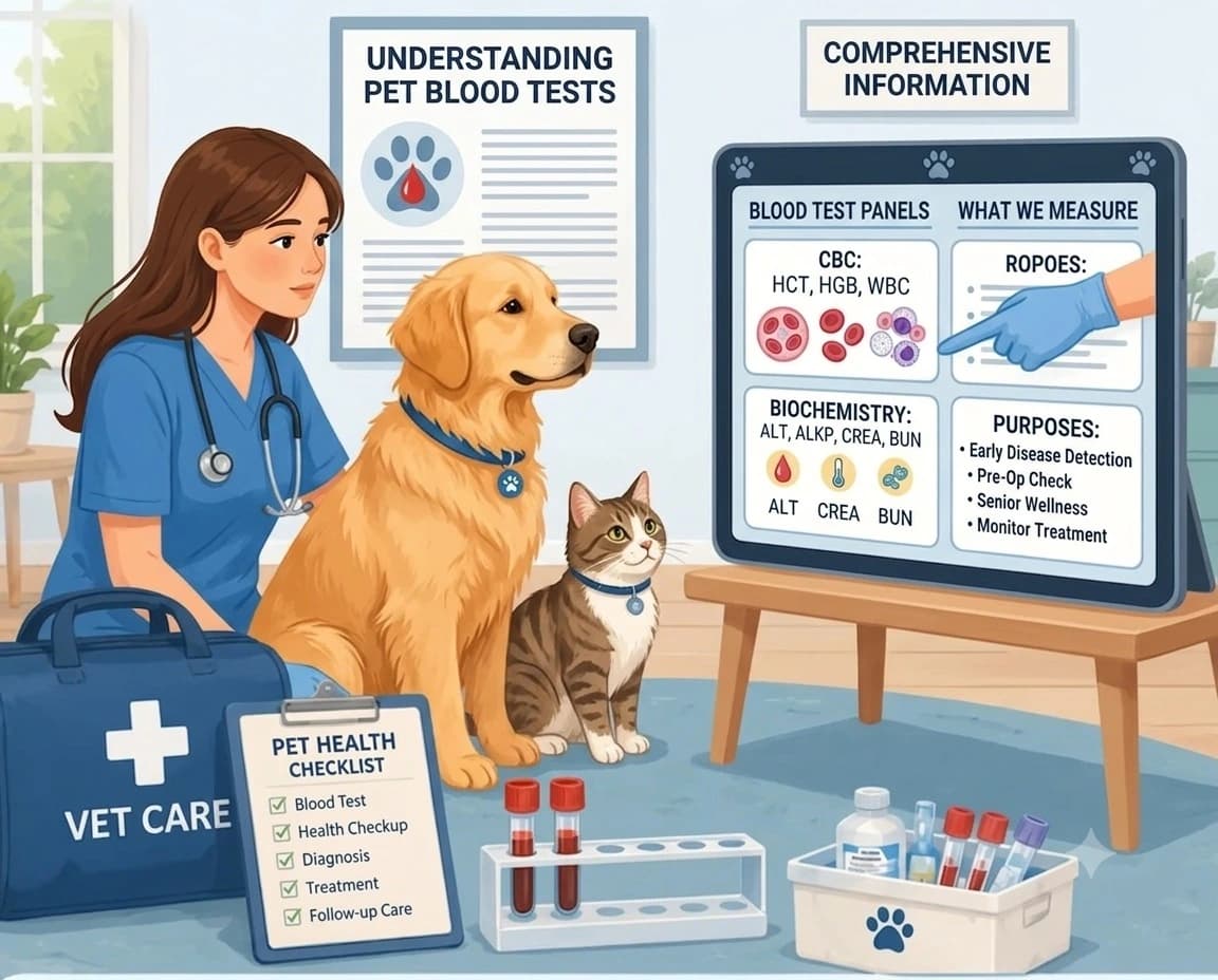 Vet explaining pet blood tests to a dog and cat with diagnostic charts and medical equipment.