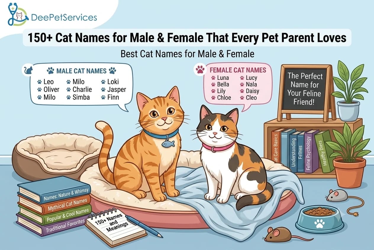 Orange tabby and calico cats next to male and female cat name lists.