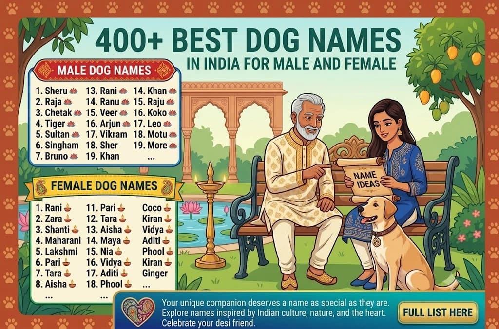 An illustration featuring lists of Indian male and female dog names alongside a family reviewing name ideas with their pet dog in a garden setting