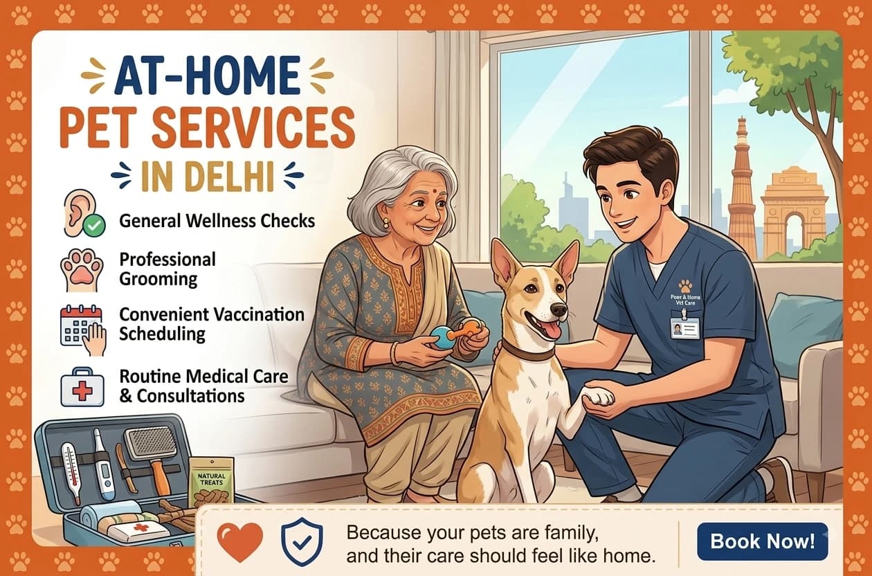 Veterinarian providing at-home pet care services in Delhi, examining a dog indoors while pet owner smiles on a sofa.