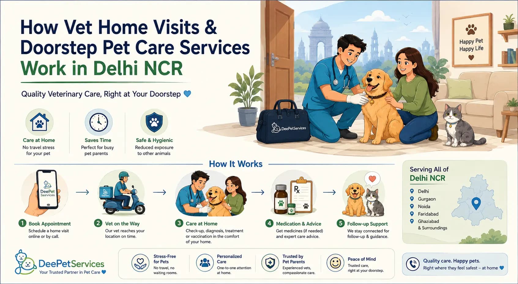 Vet home visits and doorstep pet care services in Delhi NCR, showing a veterinarian providing care to a dog and cat at home.