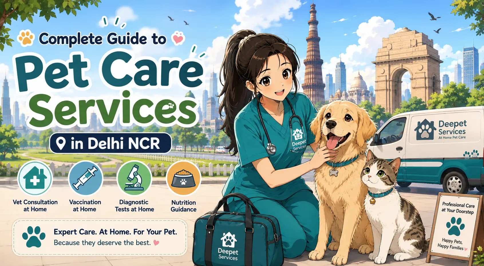 Anime-style illustration of a veterinarian providing at-home pet care to a dog and cat in Delhi NCR, with Deepet Services branding and veterinary care icons.