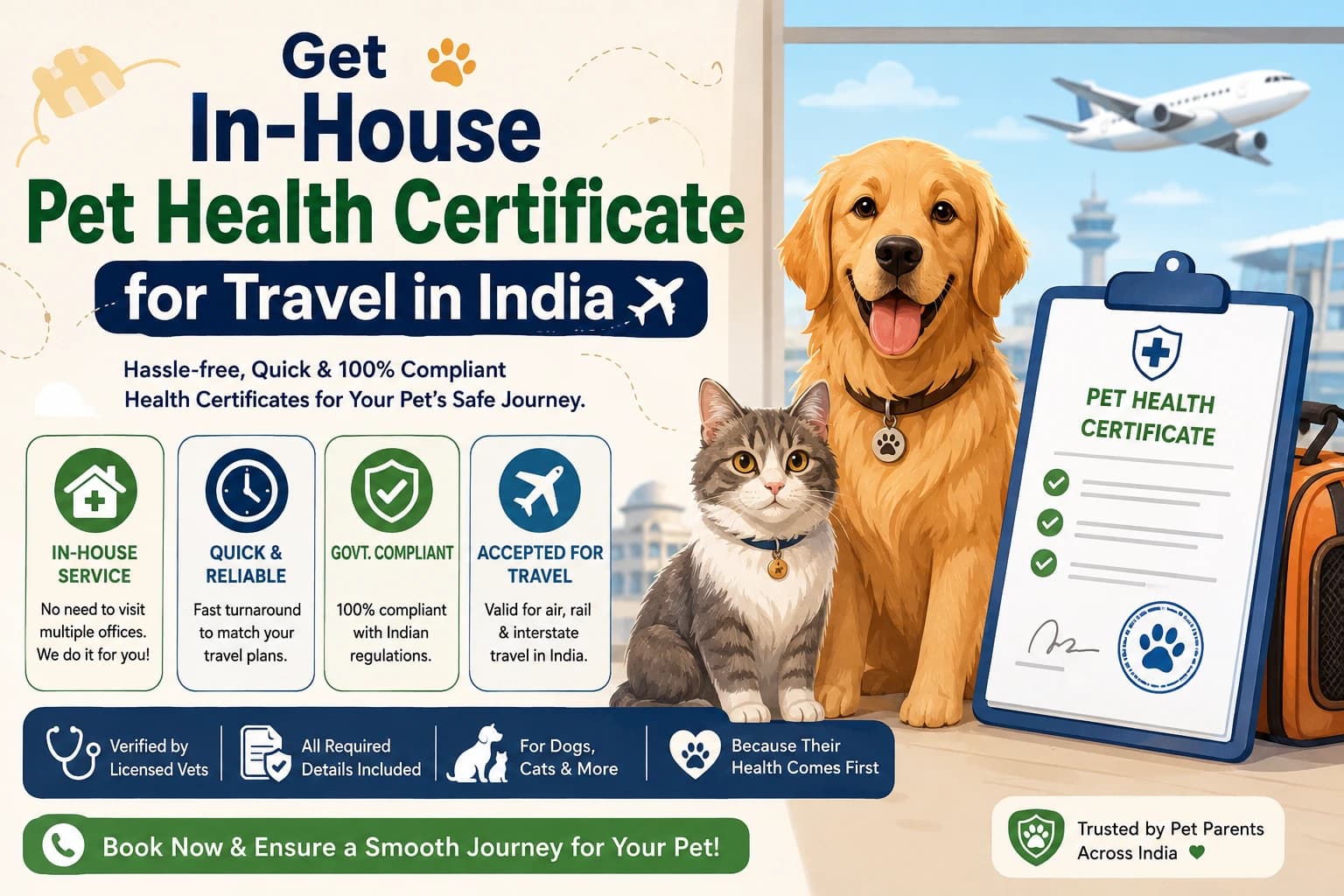 In-house pet health certificate for travel in India featuring a dog, cat, travel documents, and an airplane.