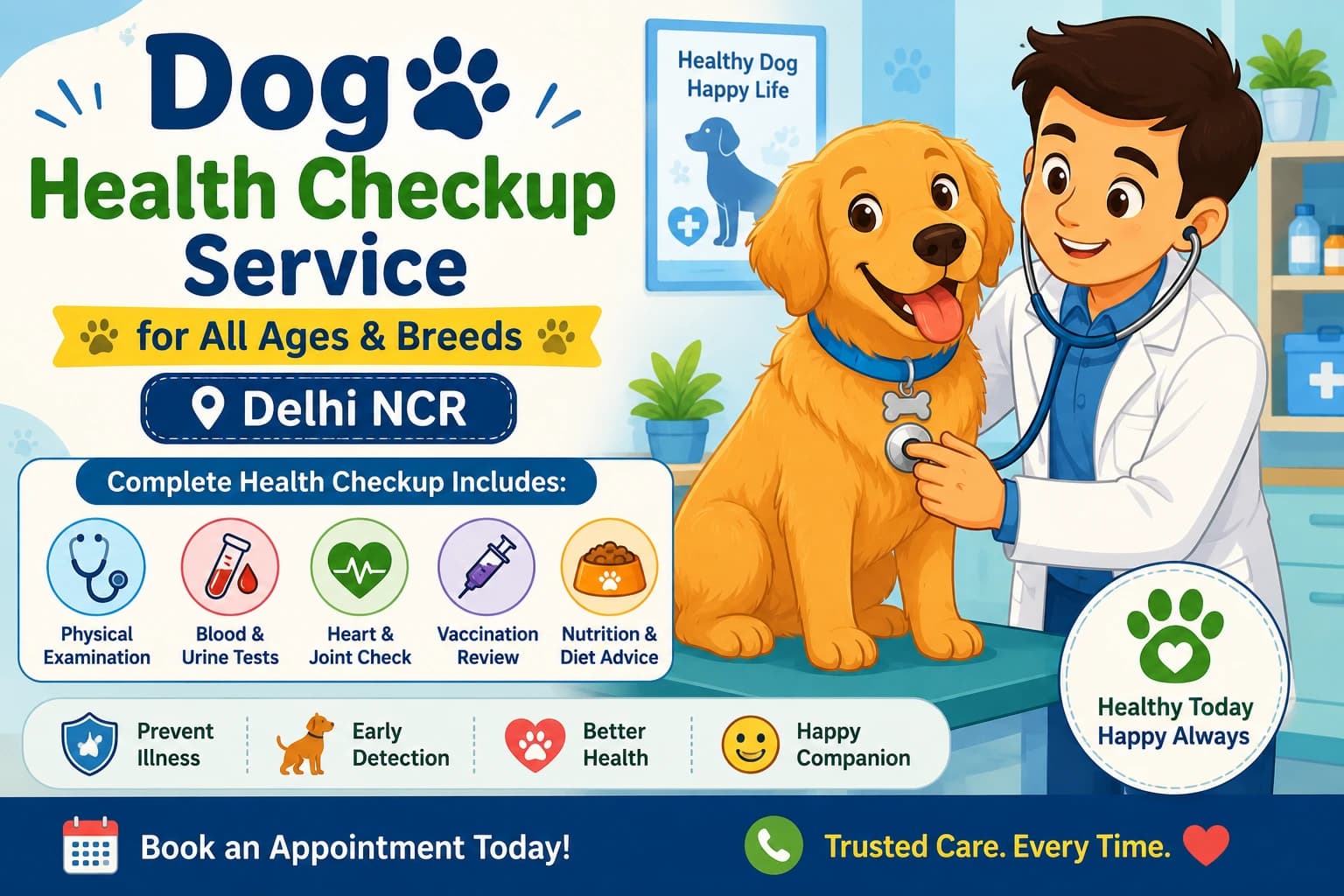An advertisement graphic for a Dog Health Checkup Service in Delhi NCR. It features a cartoon veterinarian in a white coat using a stethoscope on a golden retriever puppy. The poster lists services like routine checkups, parasite control, and vaccinations with small colorful icons.
