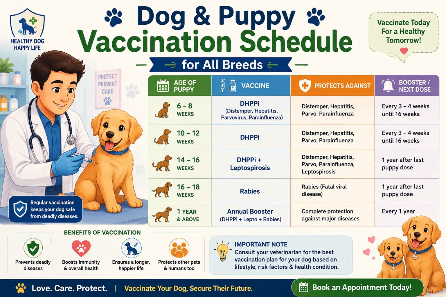 2D animated-style infographic showing a veterinarian vaccinating a puppy alongside a dog and puppy vaccination schedule for all breeds, with age ranges, recommended vaccines, protection details, and booster information.
