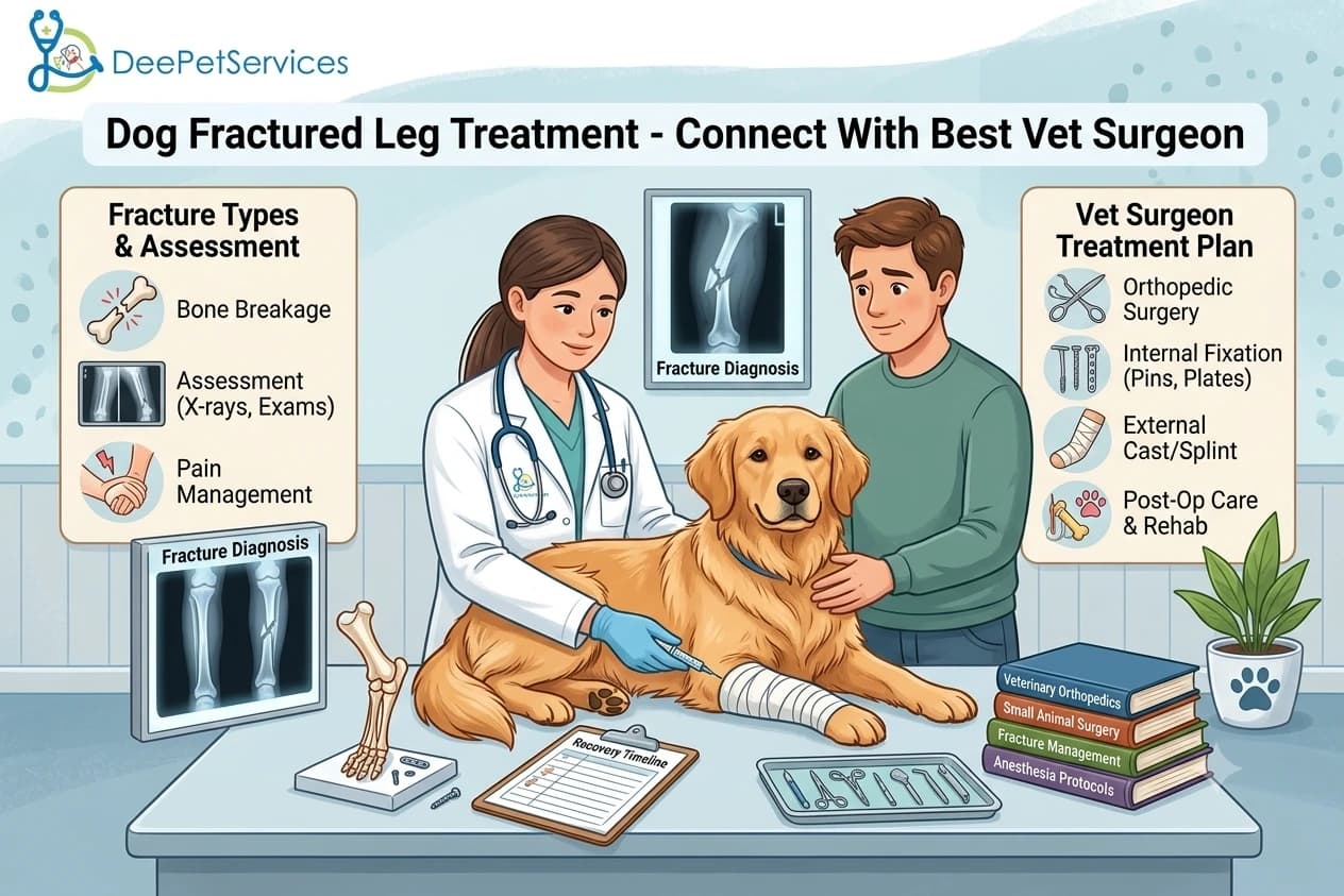 Veterinarian treating a Golden Retriever's bandaged leg alongside infographics detailing dog fracture types, diagnosis, and surgical treatment plans.