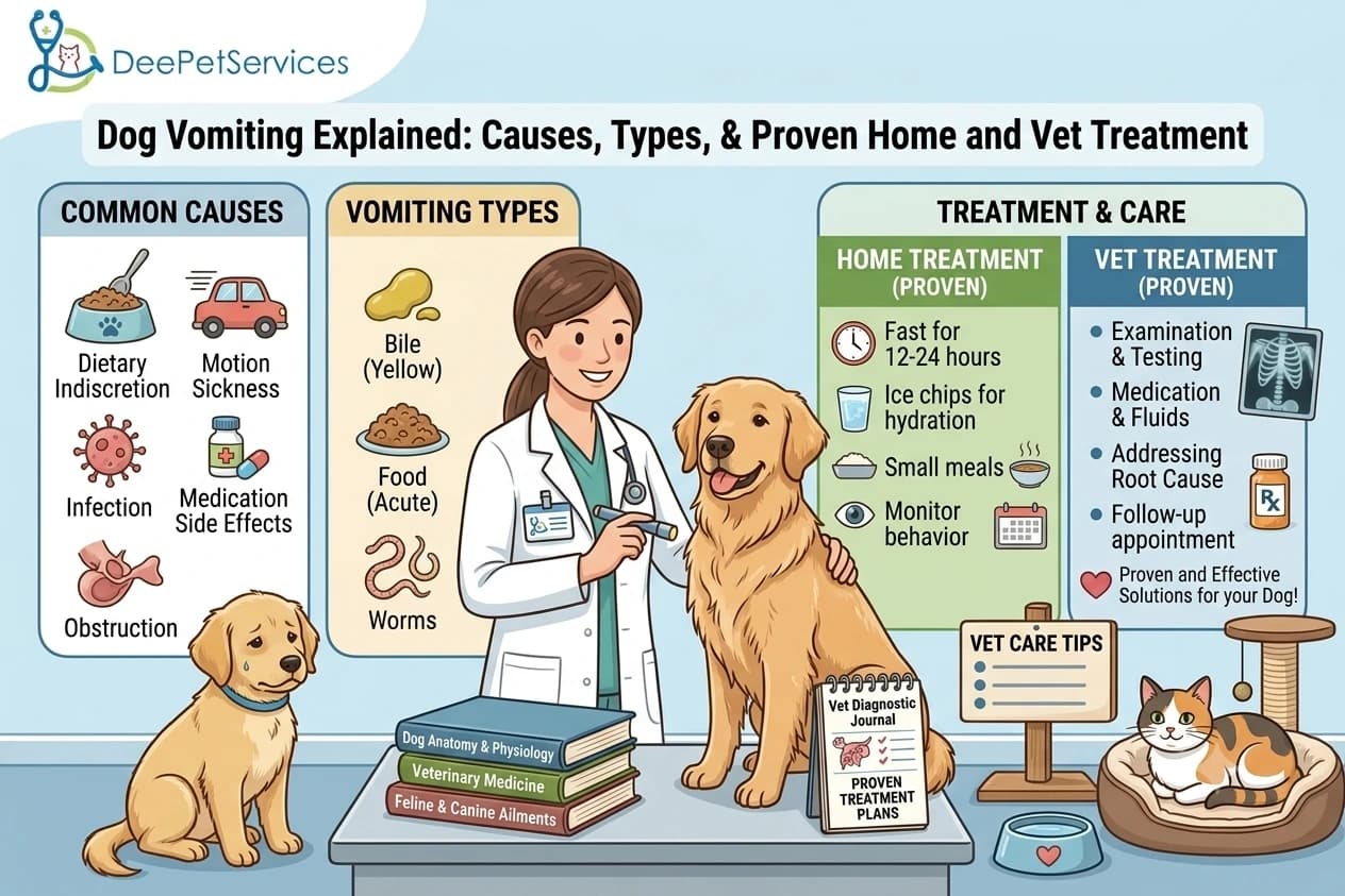 Infographic on dog vomiting causes and treatments.