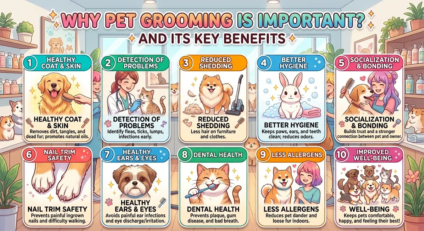 Anime-style infographic titled "Why Pet Grooming is Important?" showing 10 numbered panels with pets receiving grooming care in a cozy salon setting.
