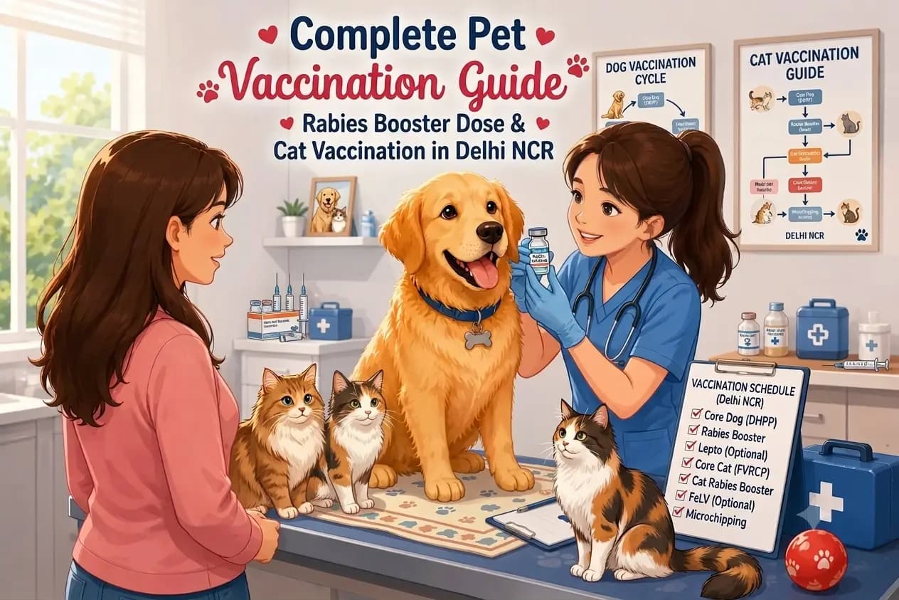 Illustration of a female veterinarian holding a vaccine vial beside a golden retriever and cats, with a pet owner and a vaccination checklist clipboard in a clini