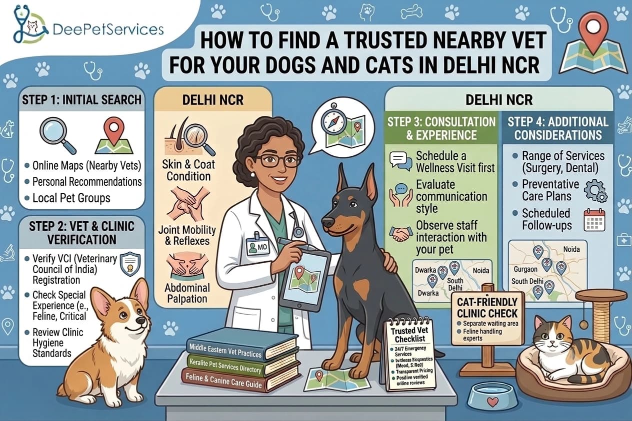 Infographic on finding a trusted vet for dogs and cats in Delhi NCR.
