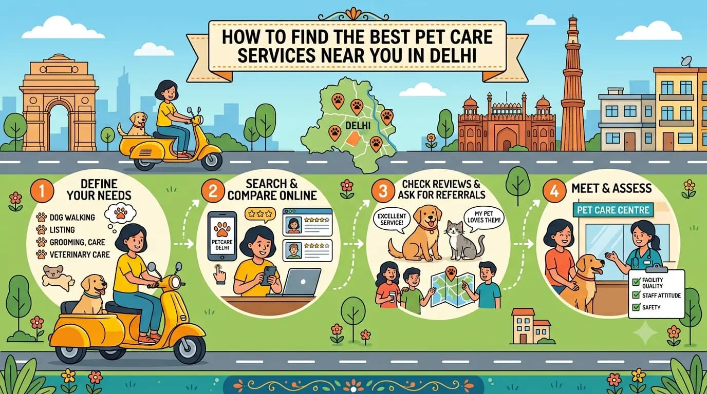 A 2D animated infographic in horizontal layout titled "How to Find the Best Pet Care Services Near You in Delhi", set against a Delhi skyline featuring India Gate and Qutub Minar.