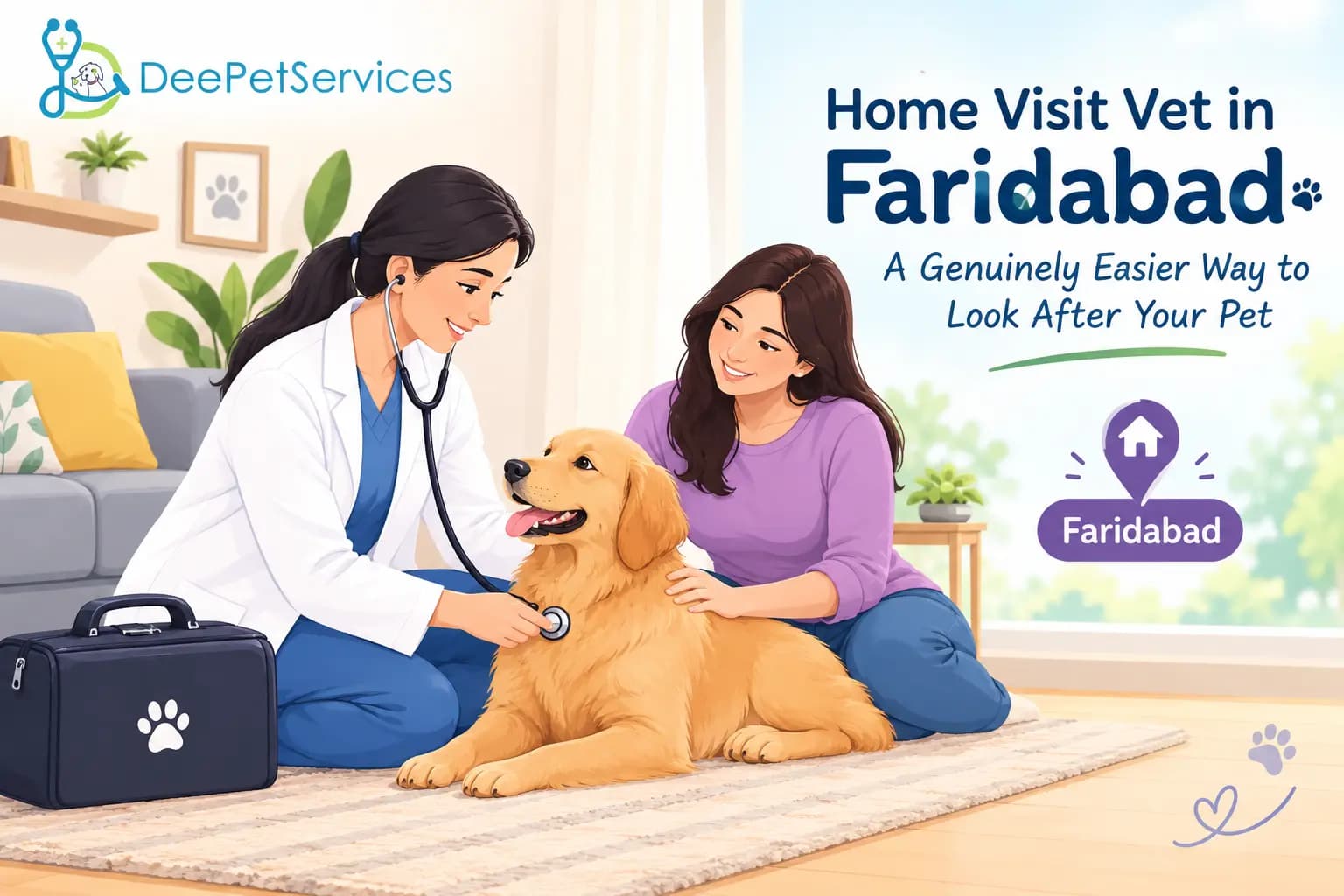 Home visit vet in Faridabad examining a golden retriever at home with its pet parent and DeePet Services logo.