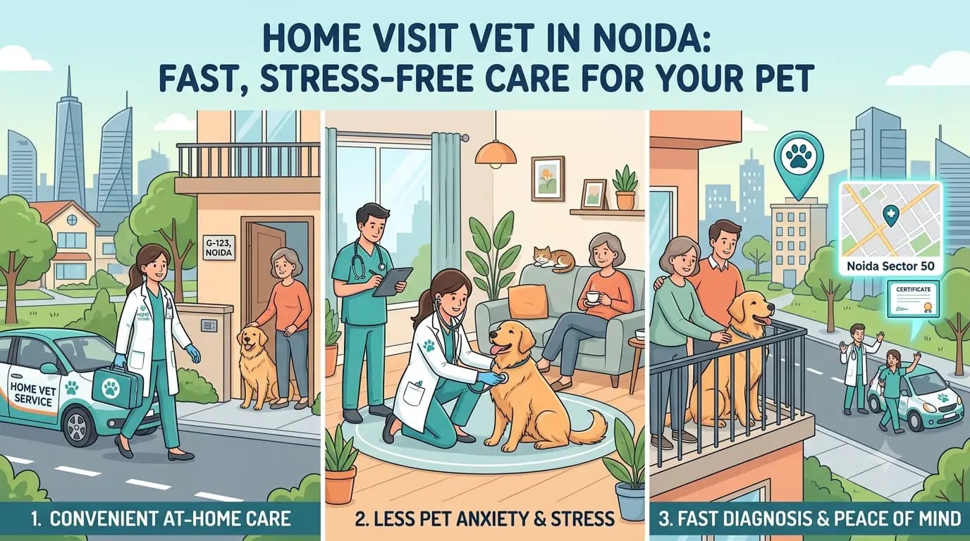 A 2D animated horizontal infographic titled "Home Visit Vet in Noida: Fast, Stress-Free Care for Your Pet", featuring three panels showing a veterinarian arriving at a Noida home, examining a relaxed dog in a living room, and happy pet owners.