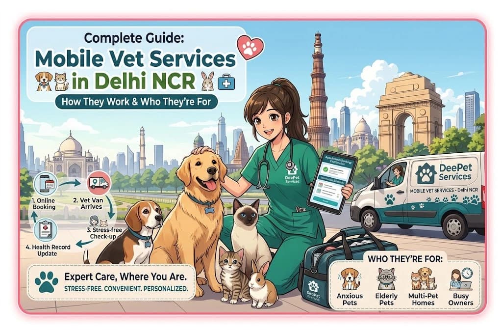 Anime graphic titled "Mobile Vet Services in Delhi NCR," showing a vet with pets and a mobile van near Delhi landmark