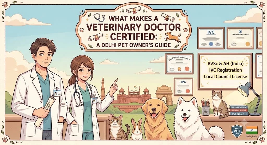 Anime-style illustration of two smiling veterinary doctors standing alongside a golden retriever, a white fluffy dog, two cats, and a rabbit, with framed veterinary certificates on the wall and a Delhi city skyline in the background under the title "What Makes a Veterinary Doctor Certified: A Delhi Pet Owner's Guide."