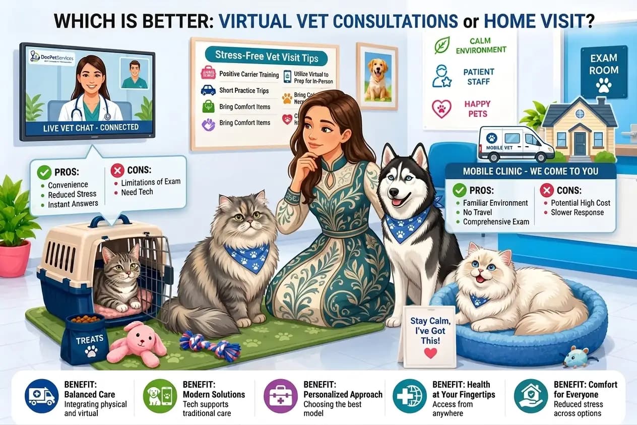 Infographic comparing virtual vet consultations and mobile vet home visits for pets.