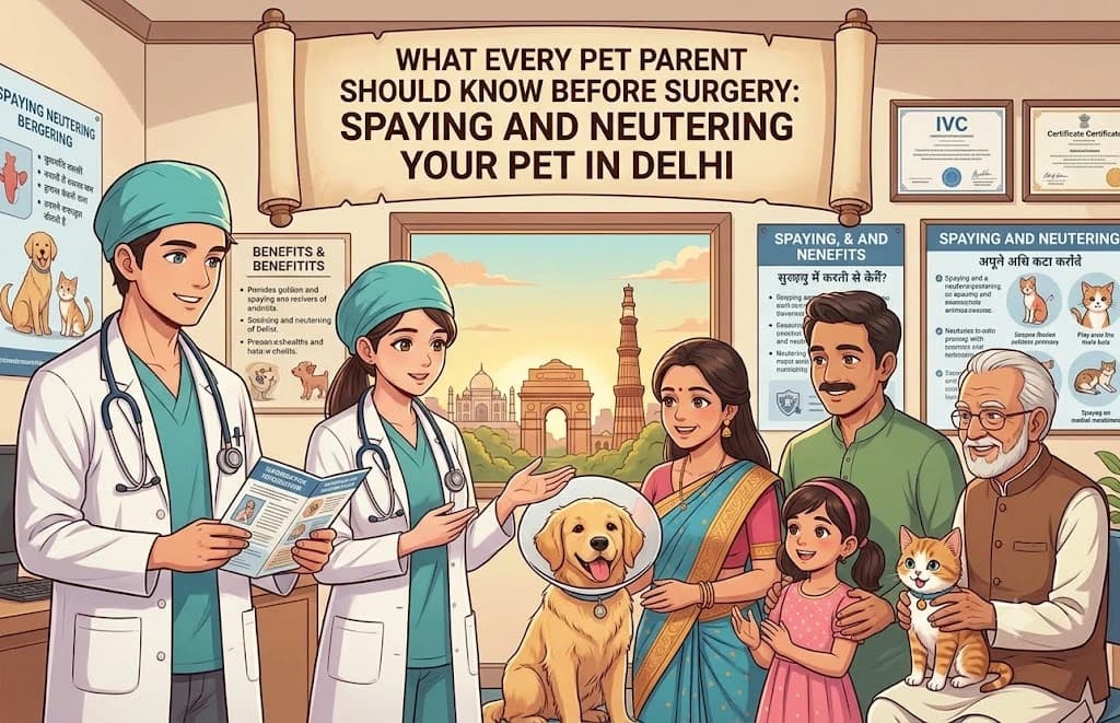 Veterinarian examining a dog with pet parents in a clinic.